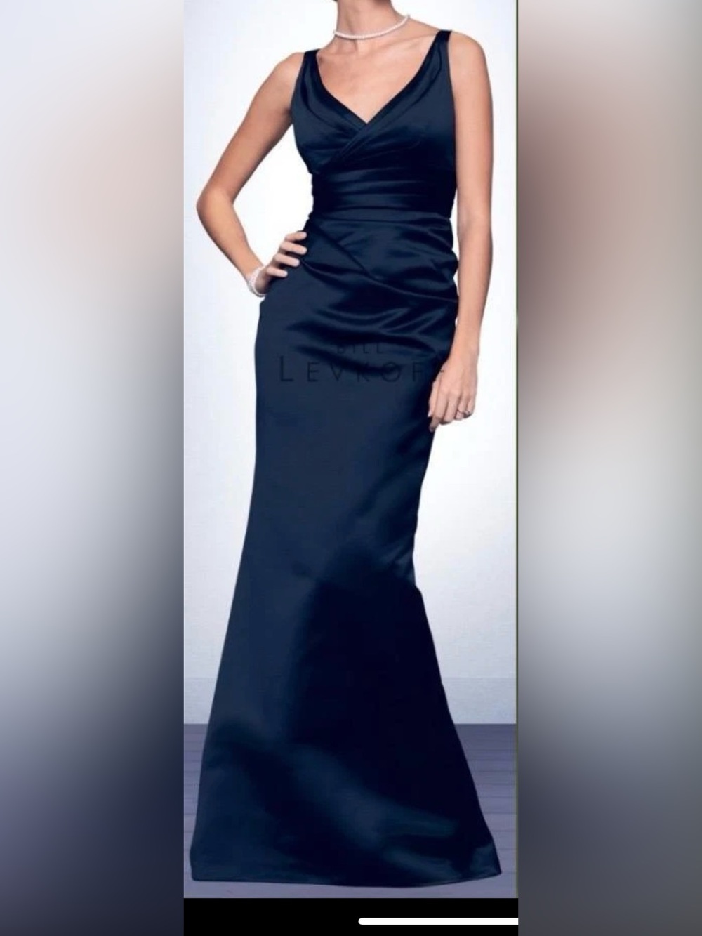 Bill Levkoff Midnight Navy Satin V-Neck Evening/Bridesmaid/Prom Gown